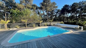 Ein rechteckiger Pool mit umlaufender Holzterrasse, eingebettet in ein bewaldetes Gebiet mit hohen Bäumen.