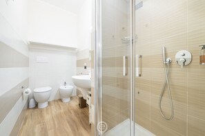 Shower, hair dryer, bidet, towels