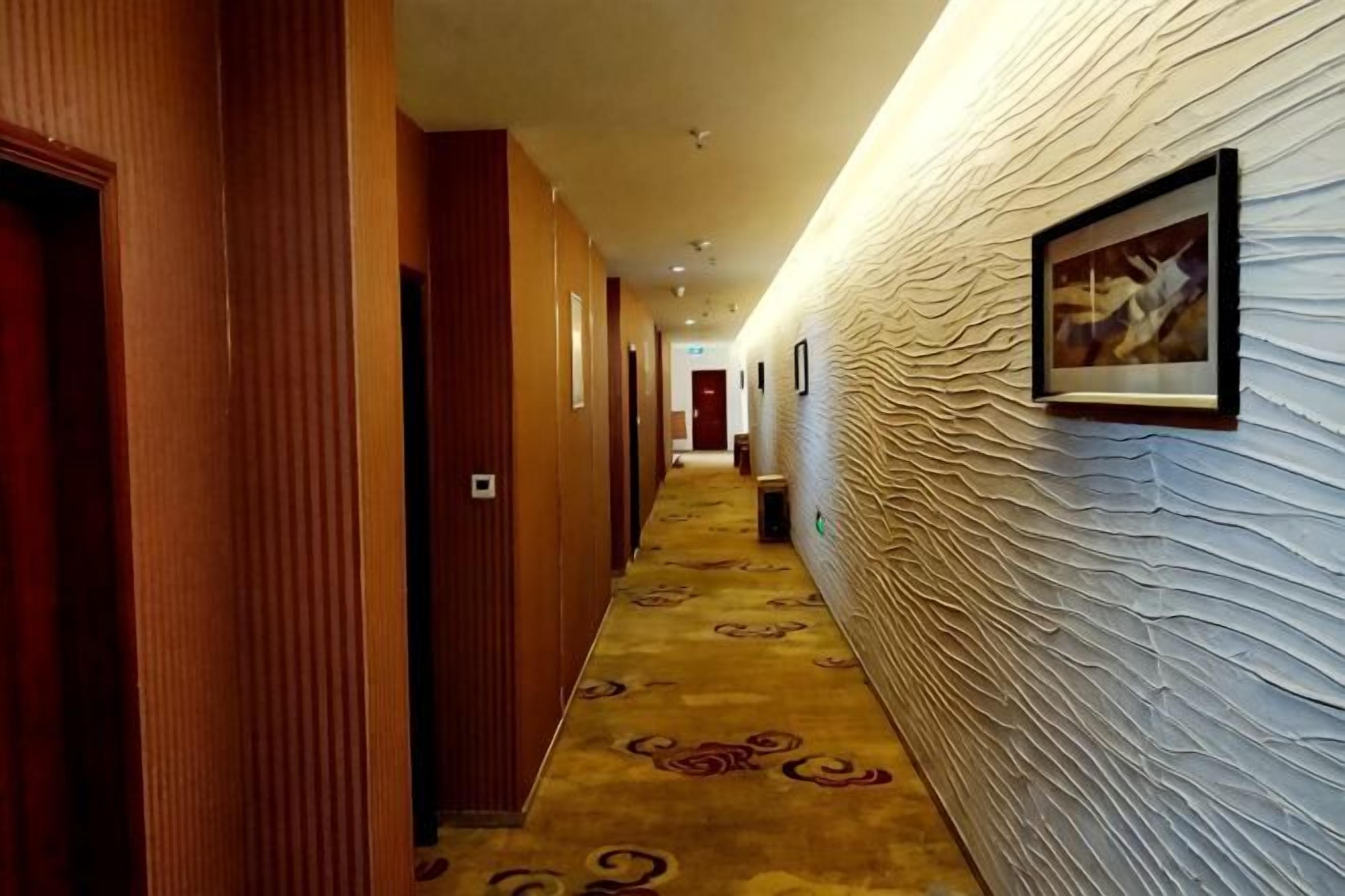 A hotel corridor with wooden doors, a patterned carpet, and a textured wall with a framed picture.