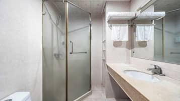 A bathroom with a glass-enclosed shower, a sink, and a mirror.