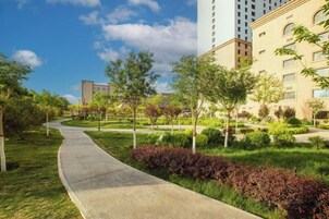 Un camino que lleva a un edificio de diseño moderno, rodeado de follaje y árboles.