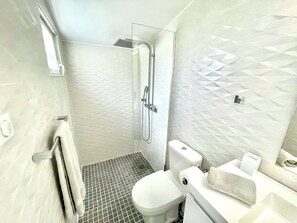 Douche, séchoir à cheveux, serviettes fournies, savon