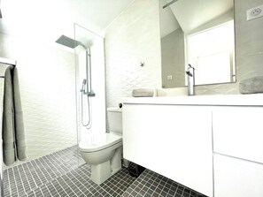 Shower, hair dryer, towels, soap