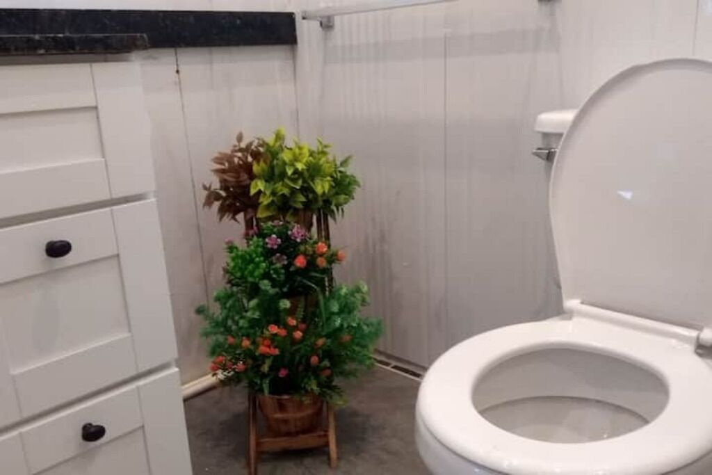 A bathroom with a toilet, a white cabinet with drawers, and a decorative plant stand.