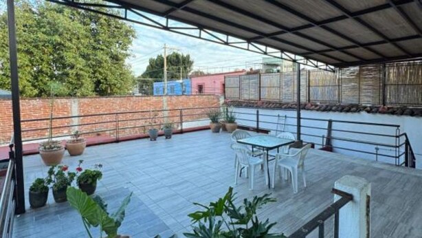 Une terrasse extérieure couverte, dotée d’une table et de chaises, et entourée de plantes en pot.