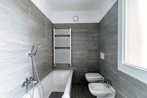 Shower, hair dryer, bidet, towels