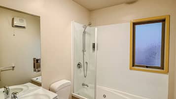 Hair dryer, bidet, towels, soap
