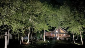 A cabin with a wooden exterior, surrounded by trees, and a small dock extending into a body of water. - Lake House Cabin 3BR/2BA Sleeps 6 Water Front With Private Boat Dock for Fishing (Cedar Bluff)