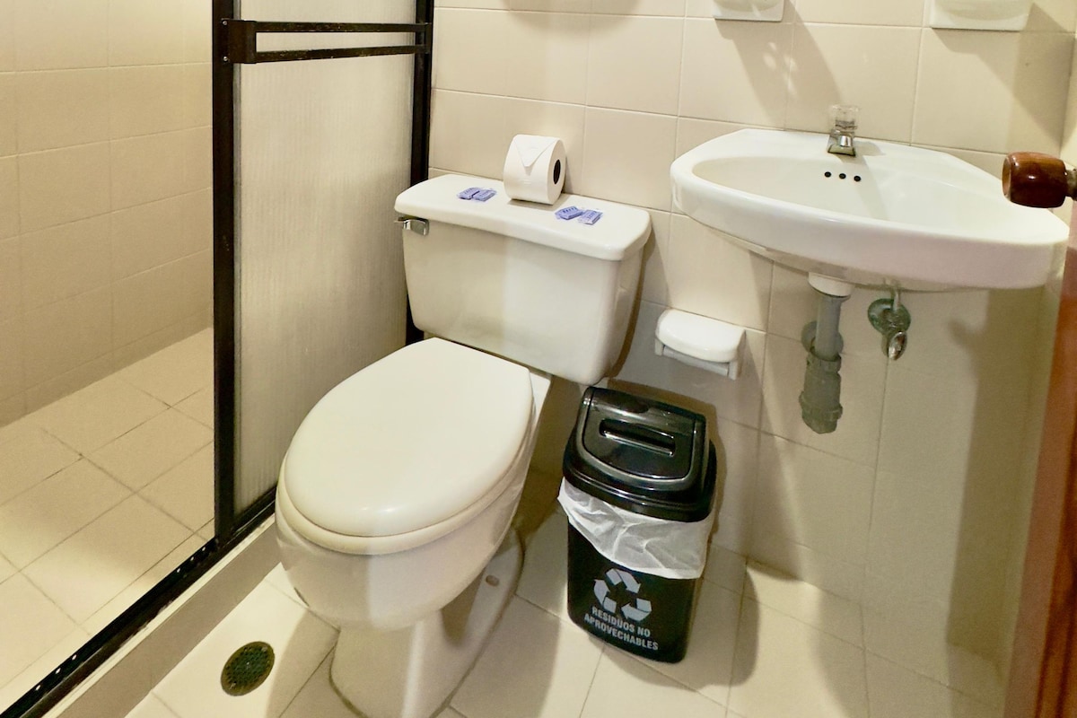 A bathroom with a toilet, sink, and shower.