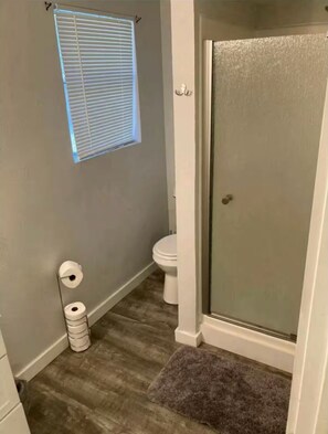Shower, towels, toilet paper