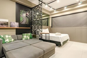 1 bedroom, desk, iron/ironing board, travel cot