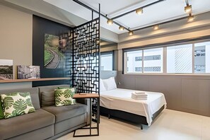 1 bedroom, desk, iron/ironing board, travel crib