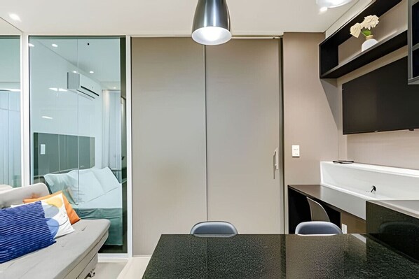 1 bedroom, desk, iron/ironing board, travel crib