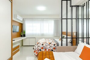 1 bedroom, desk, iron/ironing board, travel cot