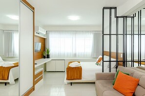 1 bedroom, desk, iron/ironing board, travel cot