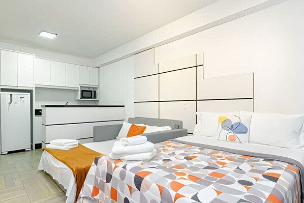 1 bedroom, desk, iron/ironing board, travel cot