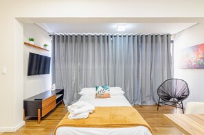 1 chambre, bureau, fer et planche à repasser, lit parapluie