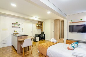 1 bedroom, desk, iron/ironing board, travel cot