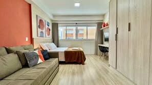 1 bedroom, desk, iron/ironing board, travel cot