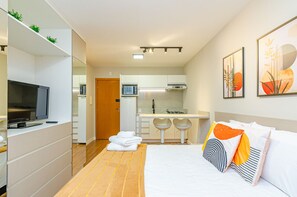 1 chambre, bureau, fer et planche à repasser, lit parapluie