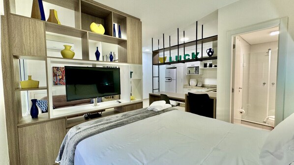 1 bedroom, desk, iron/ironing board, travel cot