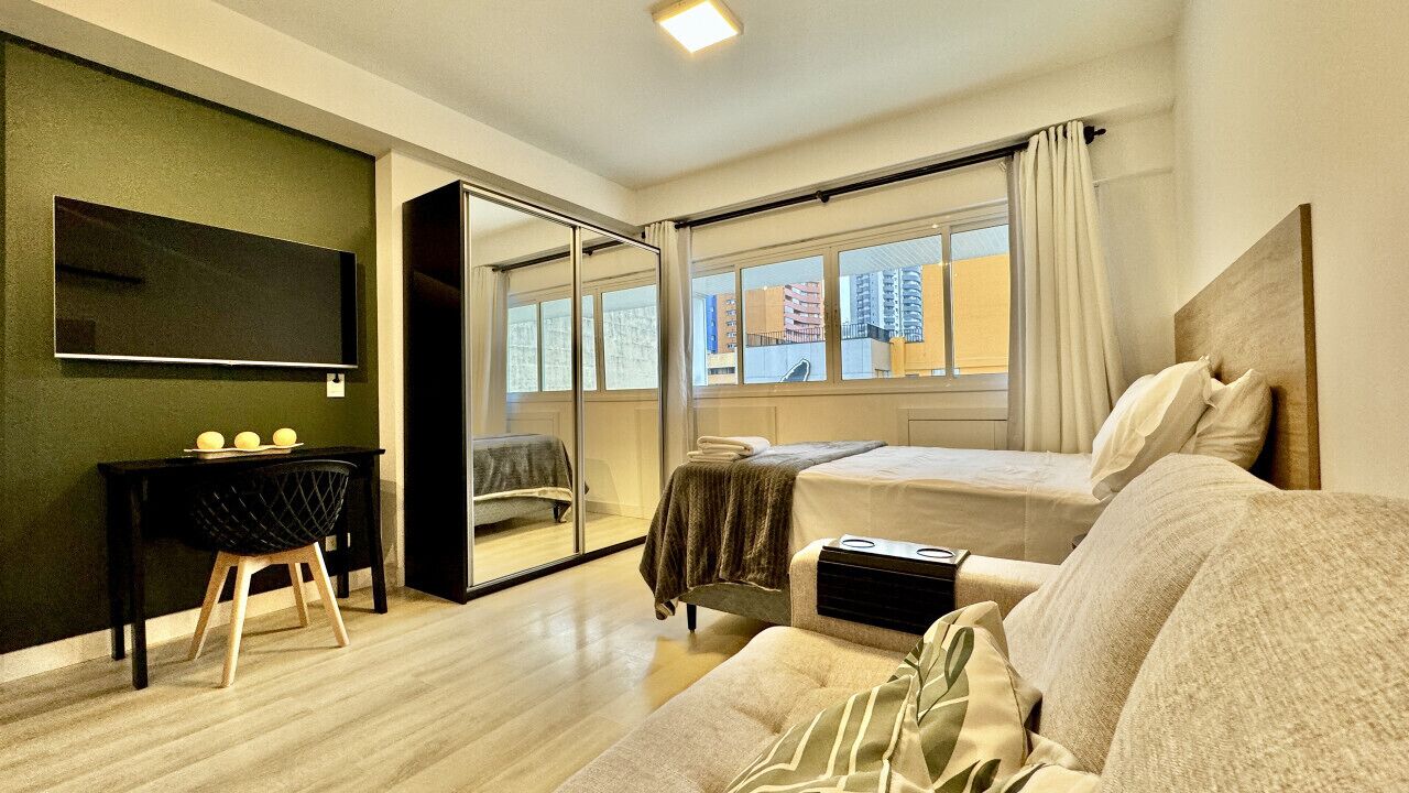 1 bedroom, desk, iron/ironing board, travel cot