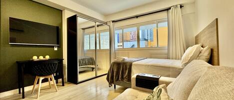 1 bedroom, desk, iron/ironing board, travel cot