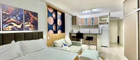 1 bedroom, desk, iron/ironing board, travel cot