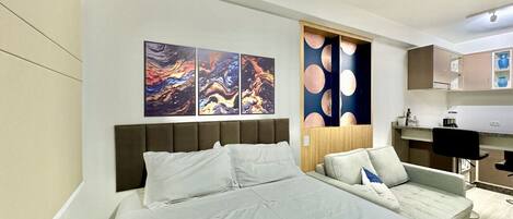 1 bedroom, desk, iron/ironing board, travel cot