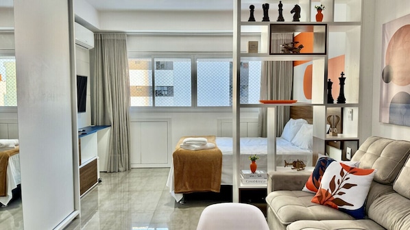 1 bedroom, desk, iron/ironing board, travel cot