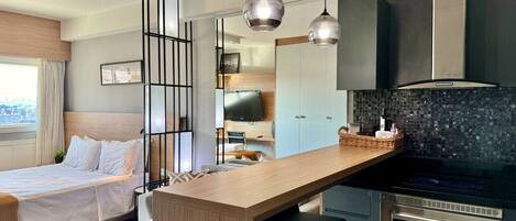 1 chambre, bureau, fer et planche à repasser, lit parapluie