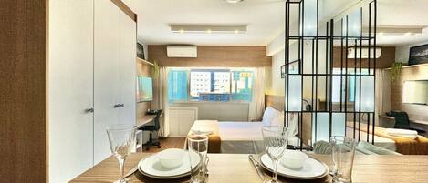 1 bedroom, desk, iron/ironing board, travel cot