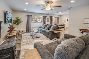 TV, fireplace, foosball