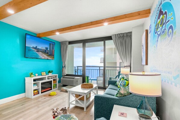 Smart TV, fireplace, offices, printers