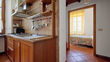 Fridge, microwave, stovetop, cookware/dishes/utensils