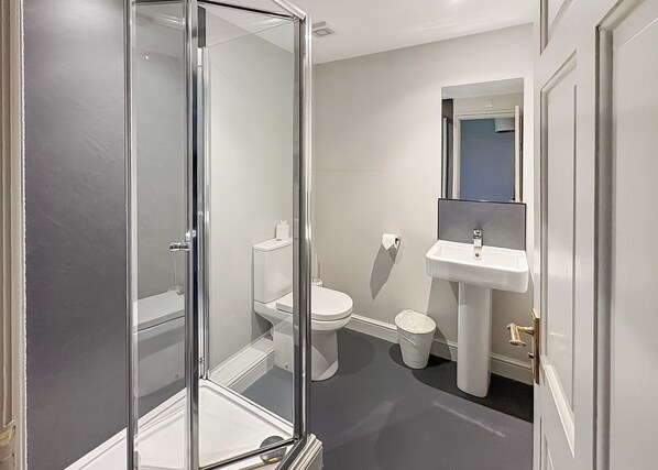 A modern bathroom with a glass shower enclosure, a toilet, a sink, and a mirror.