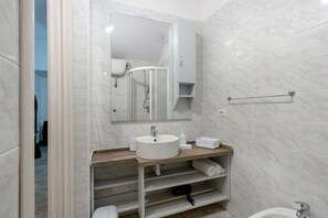 Shower, hair dryer, towels