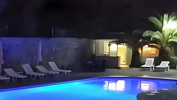 Una piscina con sillas de descanso y una palmera.