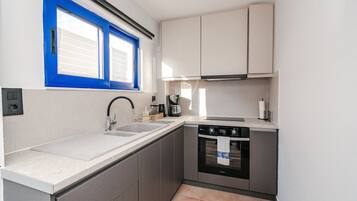A compact kitchen with a double sink, a dishwasher, and a window with blue shutters.