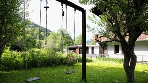Ein Rasenstück mit Schaukel und Baum.