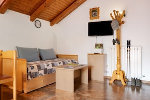 A room with a bed, a desk, a TV, a coat rack, and a radiator.