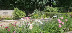 A garden with a variety of flowers, a stone wall, and a wooden fence.