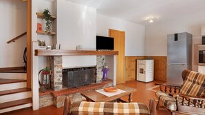 Een woonkamer met een open haard, houten meubels, een televisie en een keukenhoek.