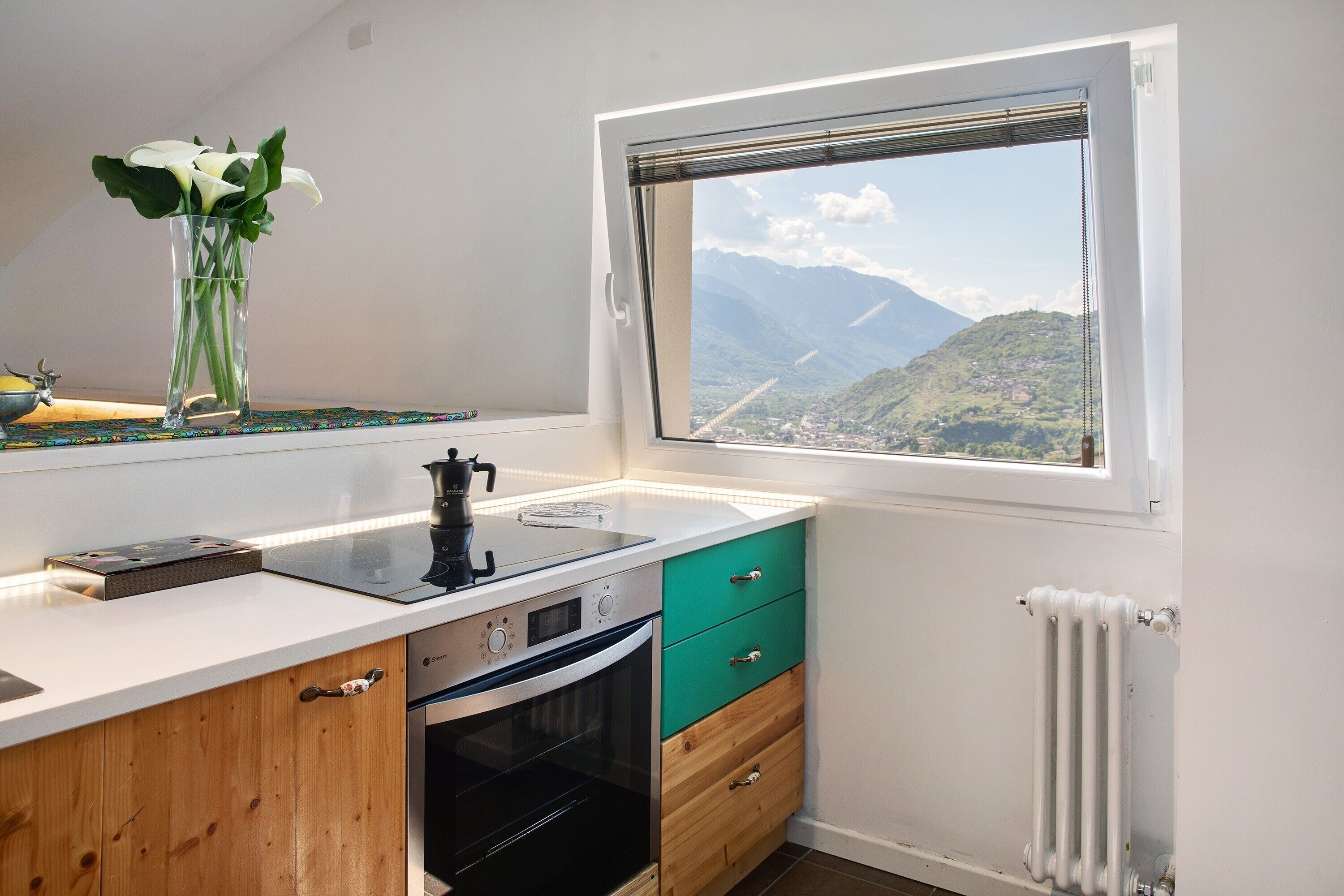 A kitchen with a built-in oven, a coffee machine, a window with a mountain view, and a vase with flowers on the counter.