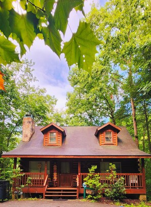A cabin with a stone chimney, a porch with steps, and a 'Hello' sign.
