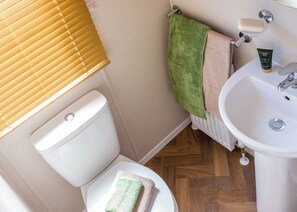 A bathroom with a toilet, a sink, a towel rack, and a bottle of hand soap. - 2 bedroom accommodation in Nr Kintore (Nr Kintore)