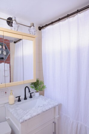 Hair dryer, towels, soap, toilet paper