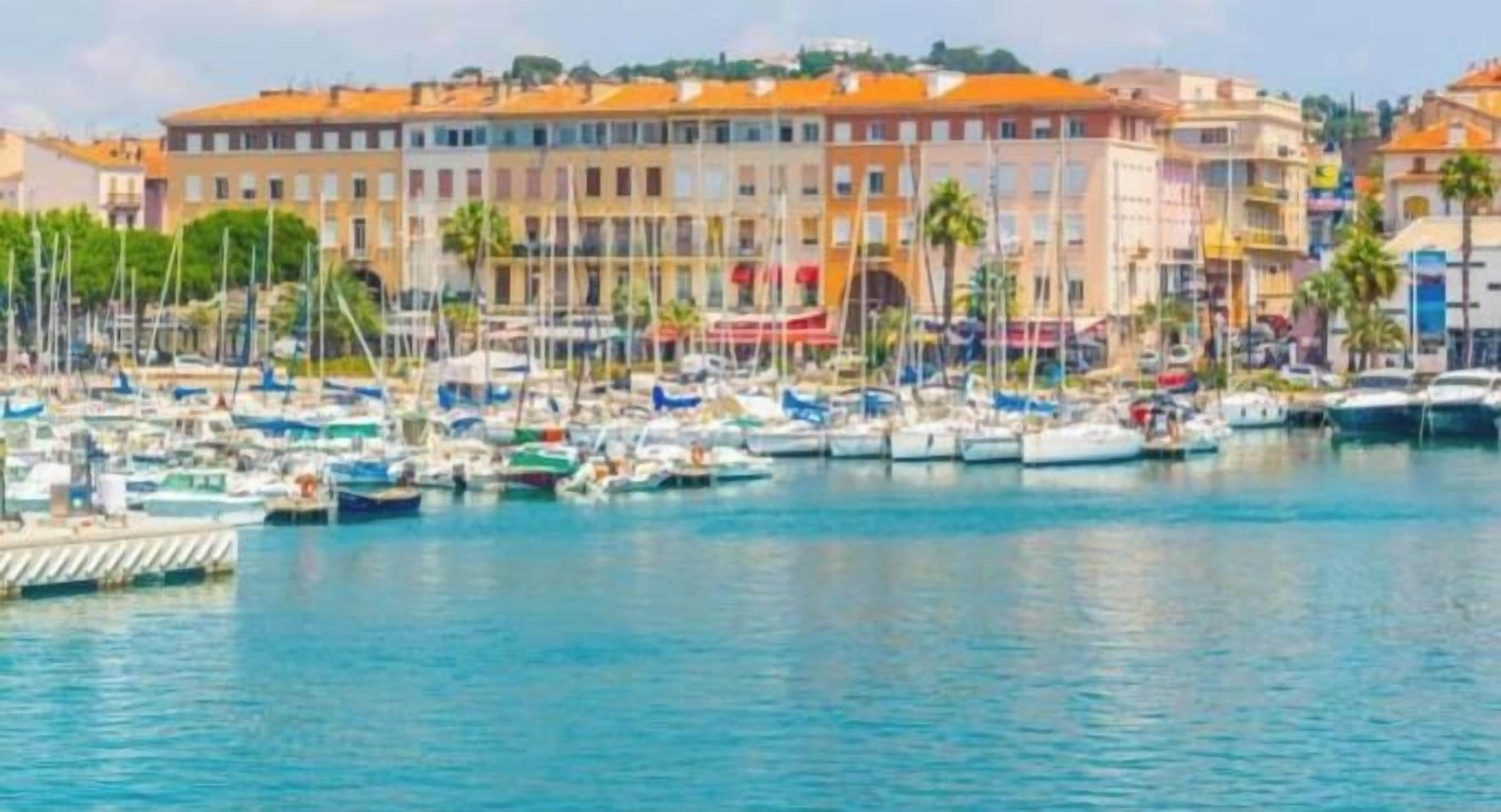 A marina with numerous boats docked, a waterfront promenade, and buildings with orange roofs in the background.