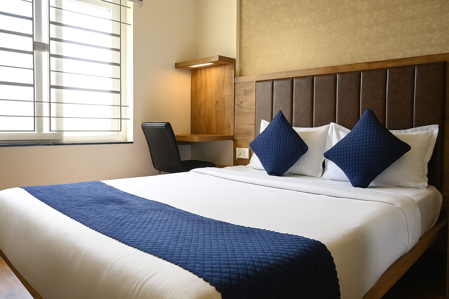 Een hotelkamer met een groot bed, een houten hoofdeinde en een bureau met een stoel.