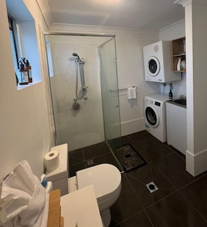 Hair dryer, towels, soap